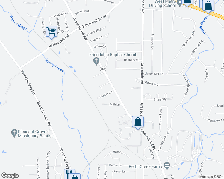 map of restaurants, bars, coffee shops, grocery stores, and more near 1 Cedar Road in Cartersville