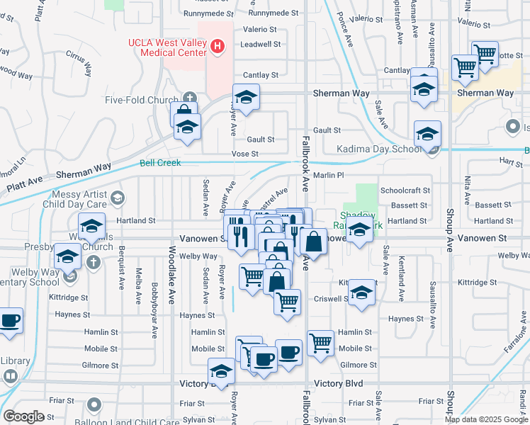 map of restaurants, bars, coffee shops, grocery stores, and more near 6912 Minstrel Avenue in Los Angeles
