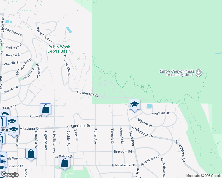 map of restaurants, bars, coffee shops, grocery stores, and more near 2861 Tanoble Drive in Altadena