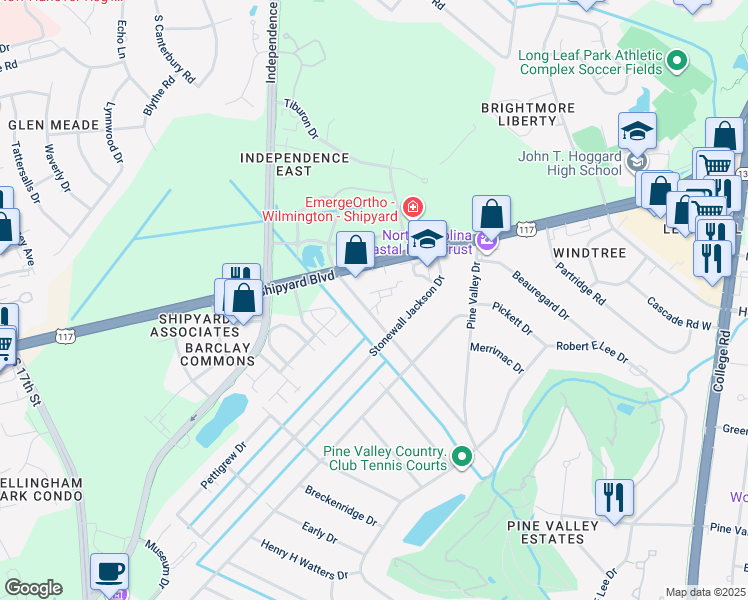 map of restaurants, bars, coffee shops, grocery stores, and more near 119 Longstreet Drive in Wilmington
