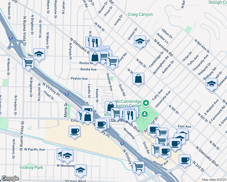 map of restaurants, bars, coffee shops, grocery stores, and more near 1814 Grismer Avenue in Burbank