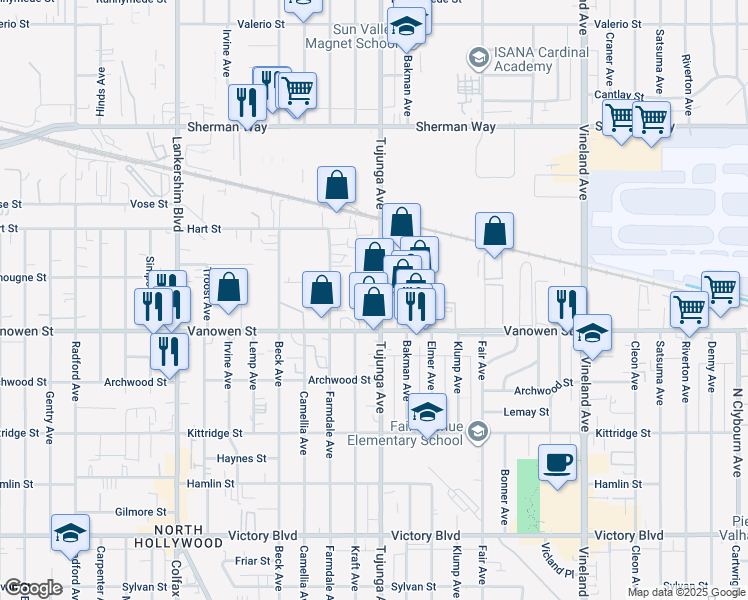 map of restaurants, bars, coffee shops, grocery stores, and more near 6847 Tujunga Ave in Los Angeles