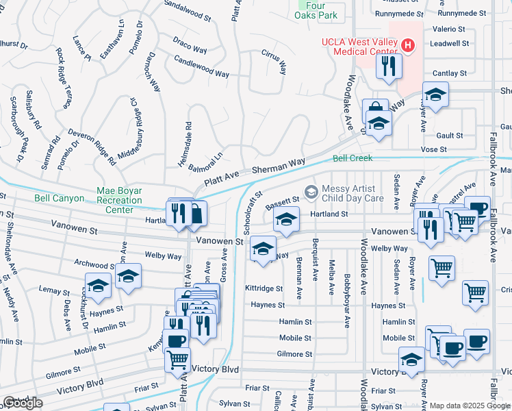 map of restaurants, bars, coffee shops, grocery stores, and more near 23388 Schoolcraft Street in Los Angeles