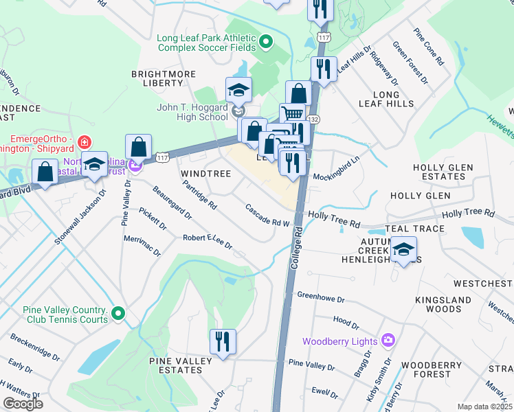 map of restaurants, bars, coffee shops, grocery stores, and more near 4514 Holly Tree Road in Wilmington