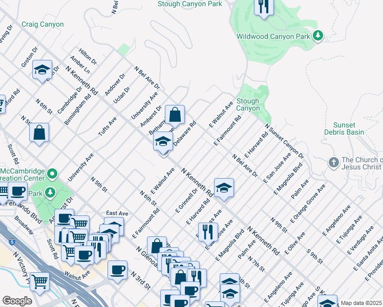 map of restaurants, bars, coffee shops, grocery stores, and more near 834 East Walnut Avenue in Burbank