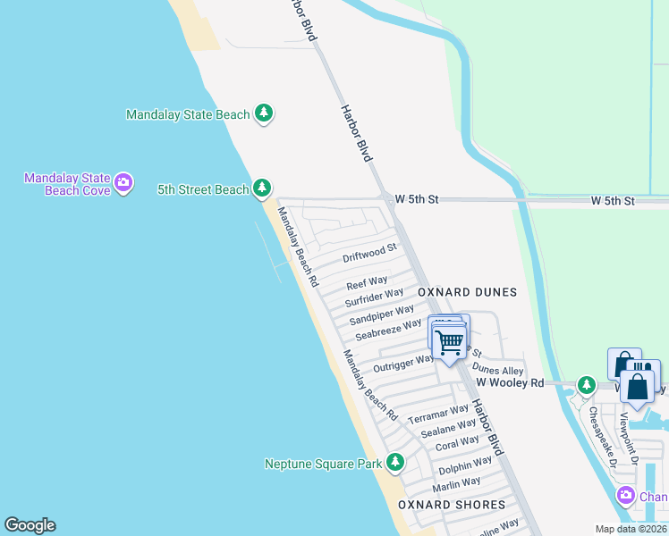 map of restaurants, bars, coffee shops, grocery stores, and more near 5442 Driftwood Street in Oxnard