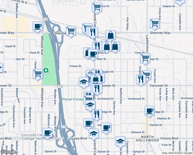 map of restaurants, bars, coffee shops, grocery stores, and more near 6828 Laurel Canyon Boulevard in Los Angeles