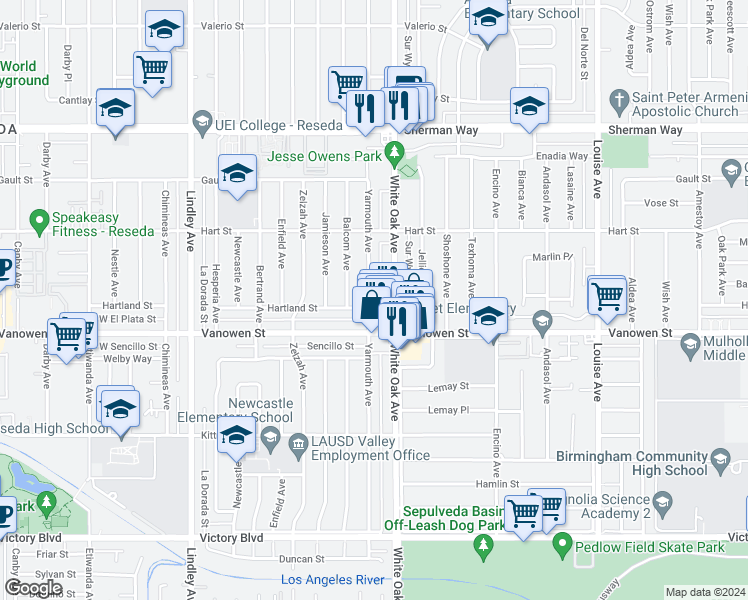 map of restaurants, bars, coffee shops, grocery stores, and more near 6838 Yarmouth Avenue in Los Angeles