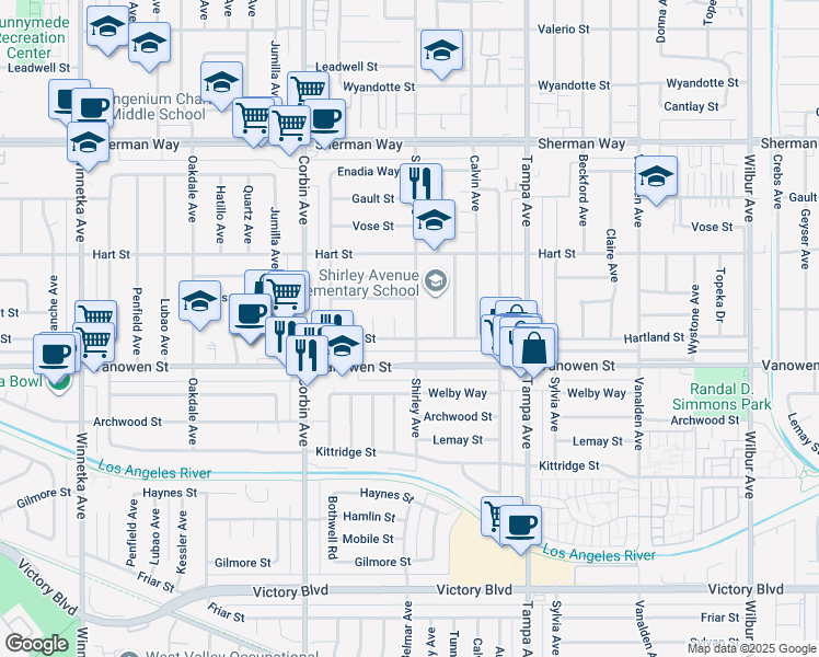 map of restaurants, bars, coffee shops, grocery stores, and more near 6850 Belmar Avenue in Los Angeles