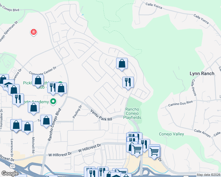 map of restaurants, bars, coffee shops, grocery stores, and more near 1663 Fox Springs Circle in Thousand Oaks
