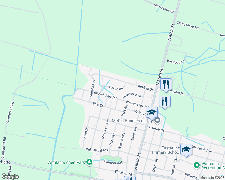 map of restaurants, bars, coffee shops, grocery stores, and more near 406 Devon Road in Marion