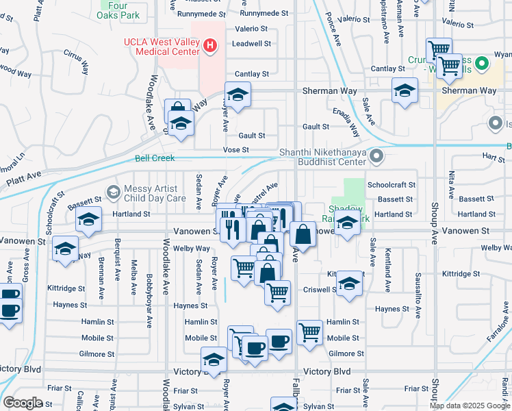 map of restaurants, bars, coffee shops, grocery stores, and more near 6912 Minstrel Avenue in Los Angeles