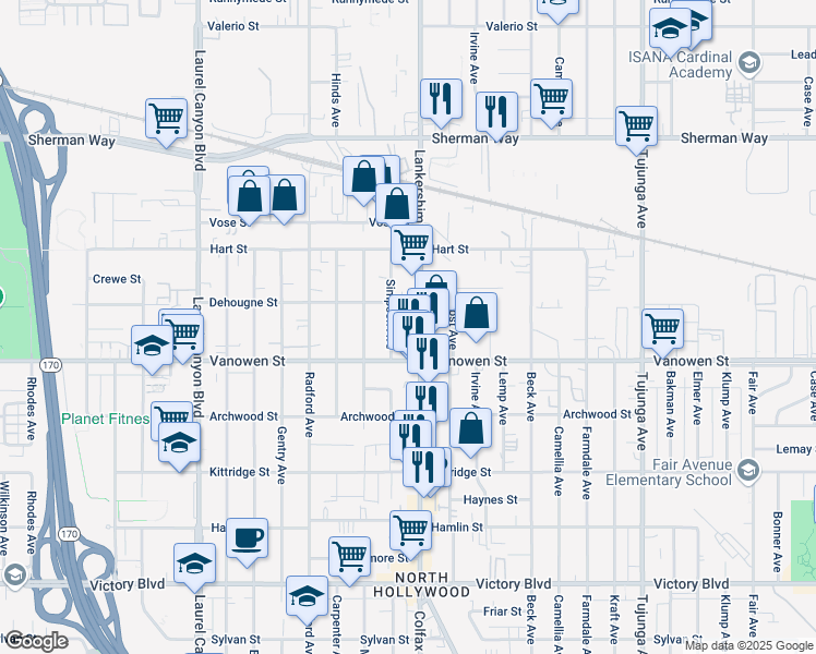 map of restaurants, bars, coffee shops, grocery stores, and more near 6847 Simpson Avenue in Los Angeles