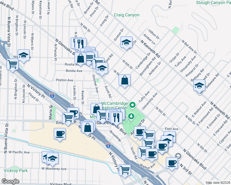 map of restaurants, bars, coffee shops, grocery stores, and more near 1811 North Glenoaks Boulevard in Burbank