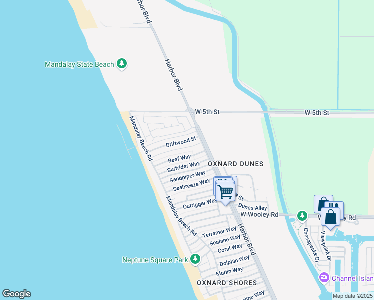 map of restaurants, bars, coffee shops, grocery stores, and more near 5246 Driftwood Street in Oxnard