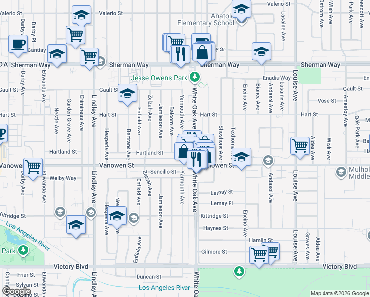 map of restaurants, bars, coffee shops, grocery stores, and more near 6838 Yarmouth Avenue in Los Angeles