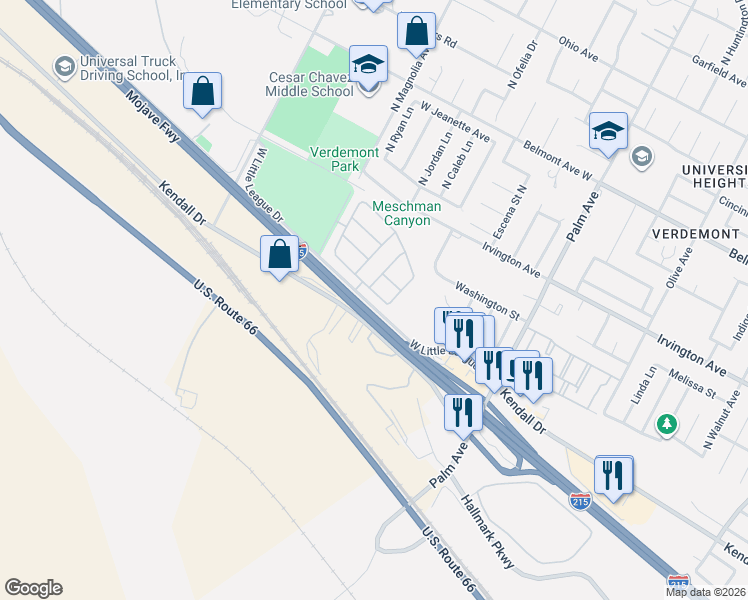 map of restaurants, bars, coffee shops, grocery stores, and more near 3829 West Bodega Way in San Bernardino