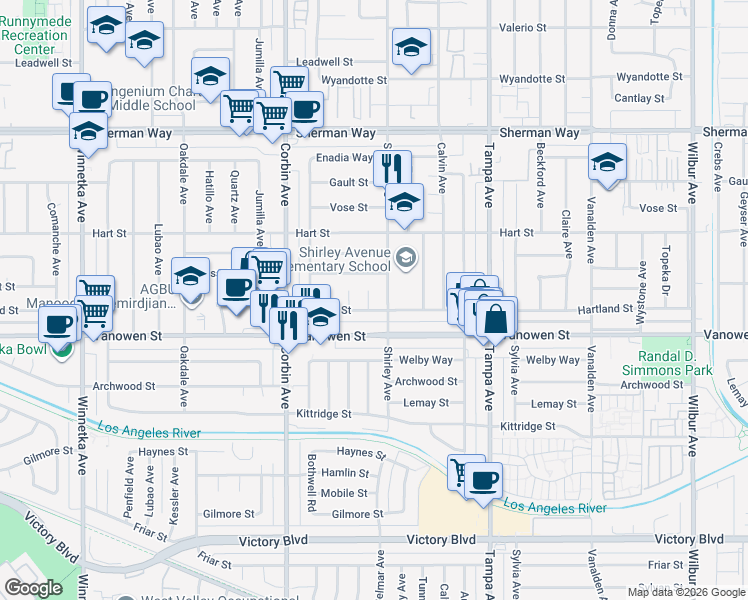 map of restaurants, bars, coffee shops, grocery stores, and more near 6838 Belmar Avenue in Los Angeles