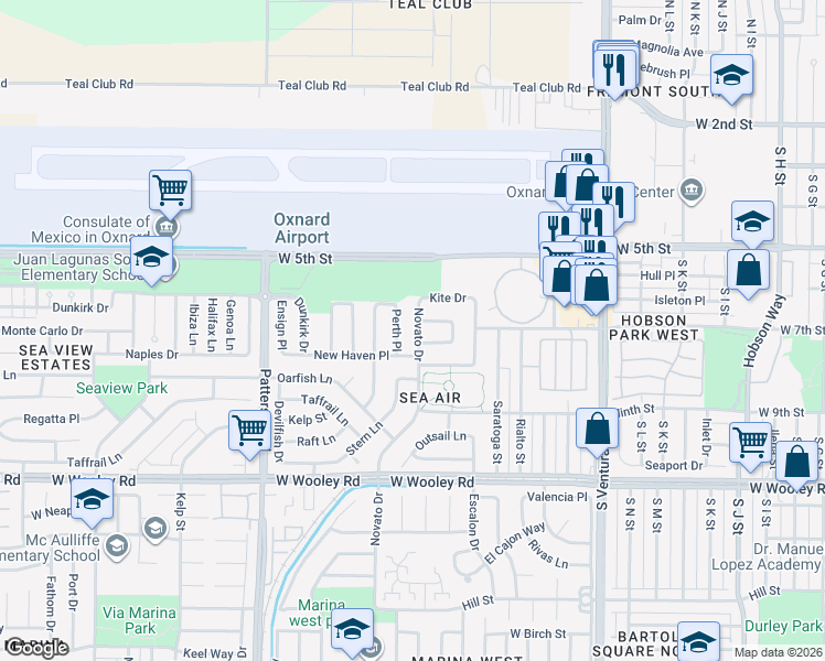 map of restaurants, bars, coffee shops, grocery stores, and more near 663 Novato Drive in Oxnard