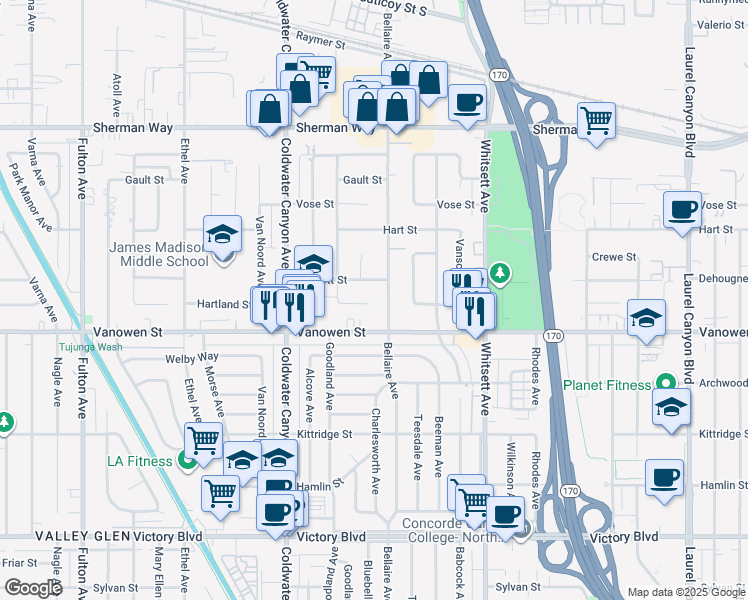 map of restaurants, bars, coffee shops, grocery stores, and more near 12715 Hartland Street in Los Angeles