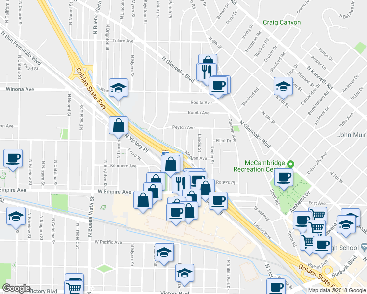 map of restaurants, bars, coffee shops, grocery stores, and more near 1821 Jackson Street in Burbank