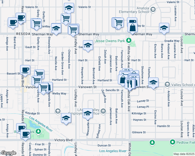 map of restaurants, bars, coffee shops, grocery stores, and more near 6850 Bertrand Avenue in Los Angeles