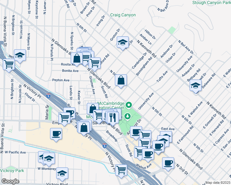 map of restaurants, bars, coffee shops, grocery stores, and more near 1811 North Glenoaks Boulevard in Burbank
