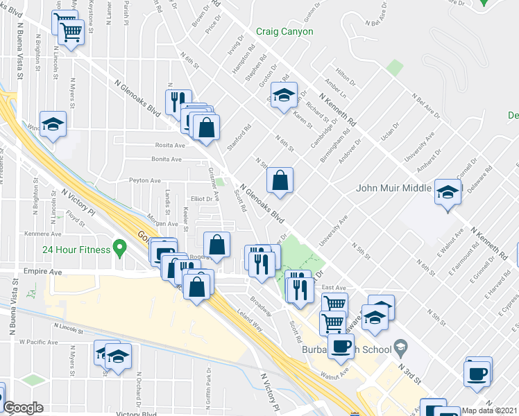 map of restaurants, bars, coffee shops, grocery stores, and more near 1811 North Glenoaks Boulevard in Burbank