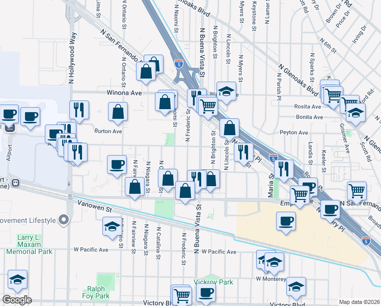map of restaurants, bars, coffee shops, grocery stores, and more near 2147 North Frederic Street in Burbank
