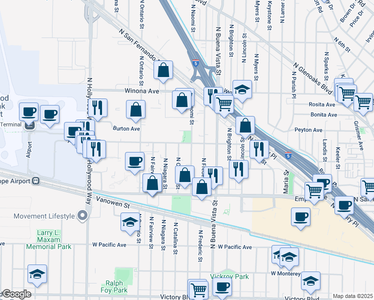 map of restaurants, bars, coffee shops, grocery stores, and more near 2344 North Catalina Street in Burbank