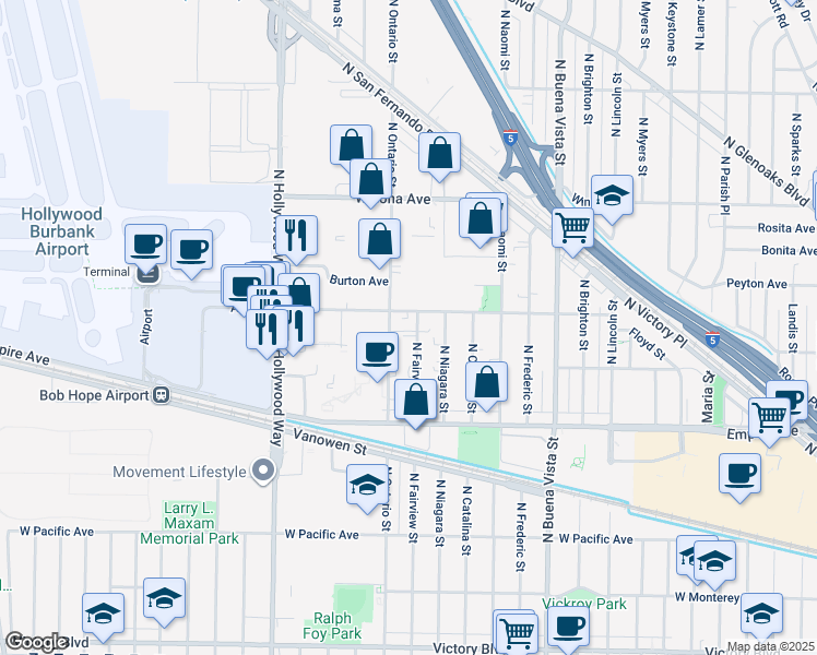 map of restaurants, bars, coffee shops, grocery stores, and more near 2337 North Fairview Street in Burbank
