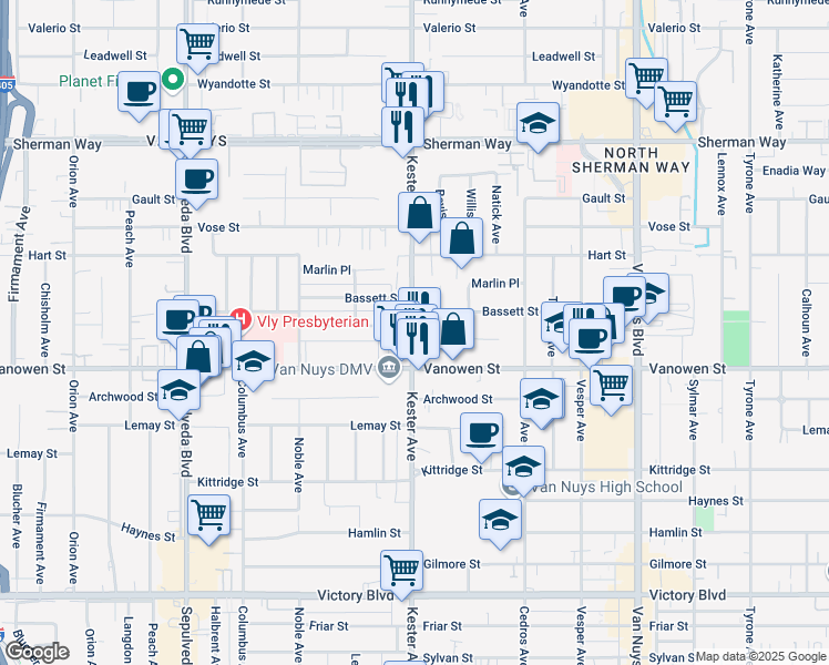 map of restaurants, bars, coffee shops, grocery stores, and more near 14913 Hartland Street in Los Angeles