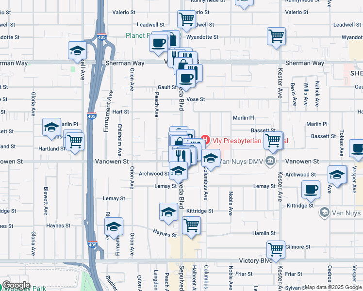 map of restaurants, bars, coffee shops, grocery stores, and more near 6850 Sepulveda Boulevard in Los Angeles