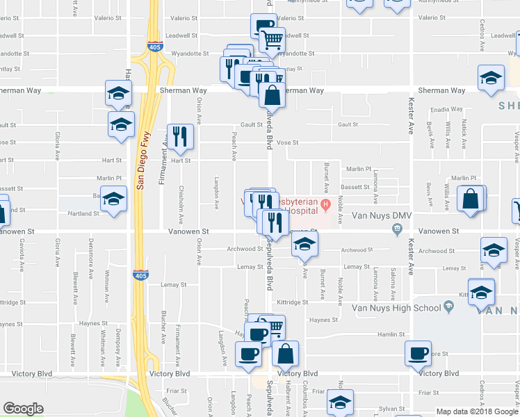 map of restaurants, bars, coffee shops, grocery stores, and more near 6861 Sepulveda Boulevard in Los Angeles