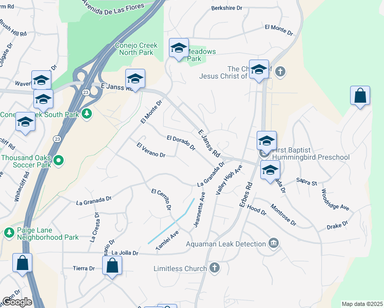 map of restaurants, bars, coffee shops, grocery stores, and more near 1647 El Dorado Drive in Thousand Oaks