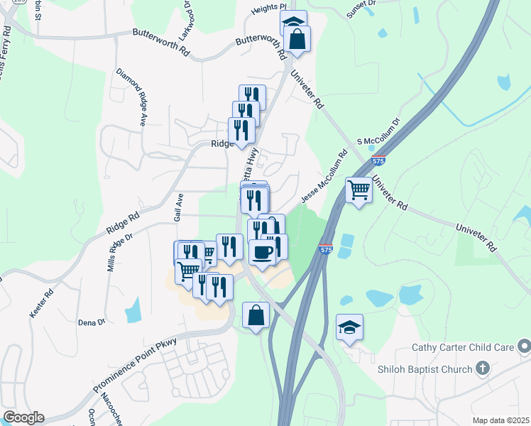 map of restaurants, bars, coffee shops, grocery stores, and more near 210 Cottonwood Creek Circle in Canton
