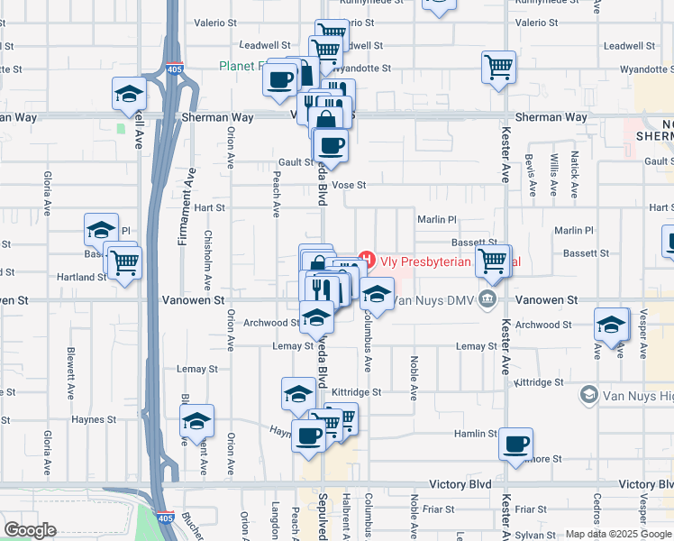 map of restaurants, bars, coffee shops, grocery stores, and more near 6850 Sepulveda Boulevard in Los Angeles