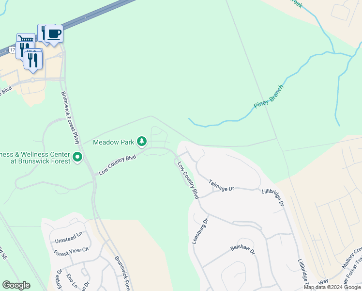 map of restaurants, bars, coffee shops, grocery stores, and more near 1118 Walbury Court in Leland