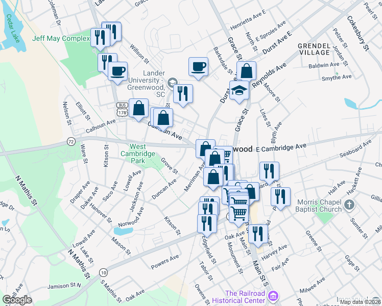 map of restaurants, bars, coffee shops, grocery stores, and more near 100-106 Andrews Avenue in Greenwood