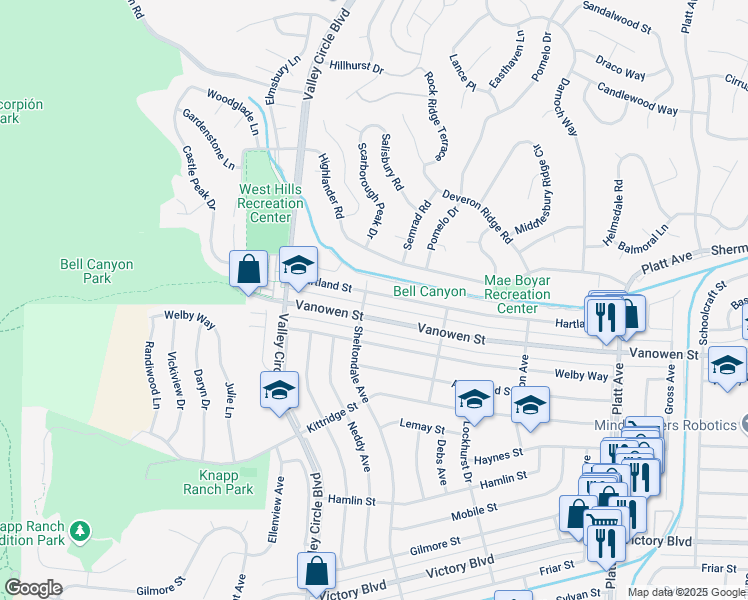 map of restaurants, bars, coffee shops, grocery stores, and more near 24238 Hartland Street in Los Angeles