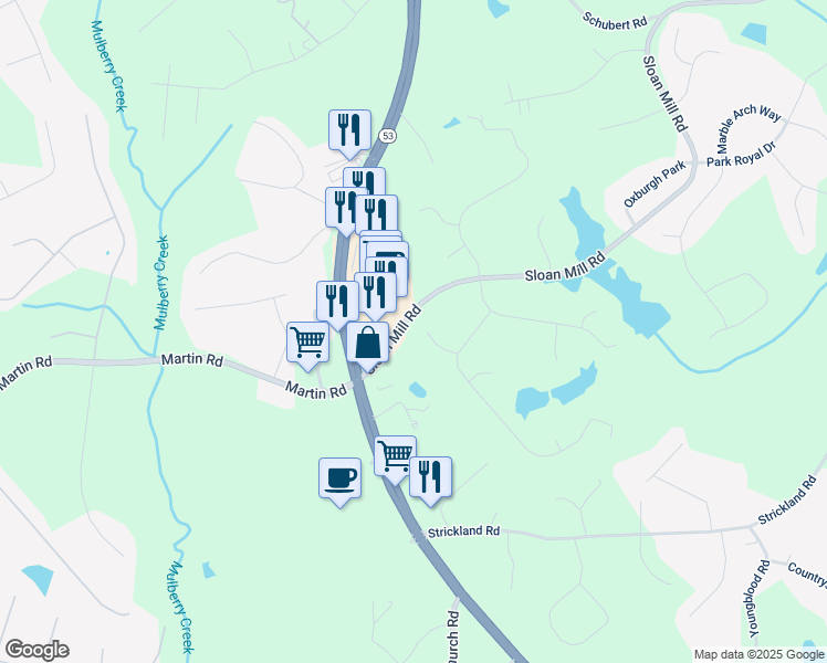 map of restaurants, bars, coffee shops, grocery stores, and more near 4721 Bedford Glen in Flowery Branch