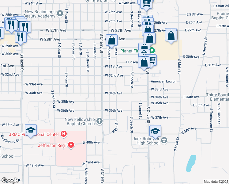 map of restaurants, bars, coffee shops, grocery stores, and more near 901 West 34th Avenue in Pine Bluff