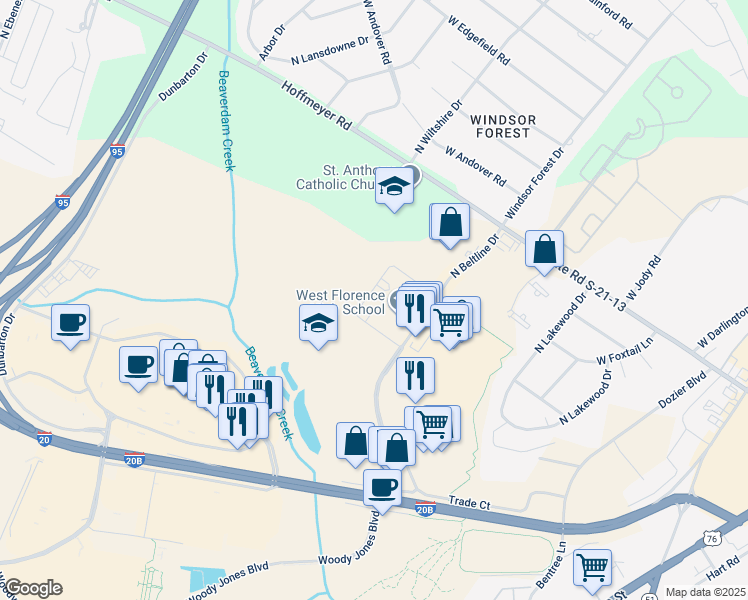 map of restaurants, bars, coffee shops, grocery stores, and more near 221 North Beltline Drive in Florence