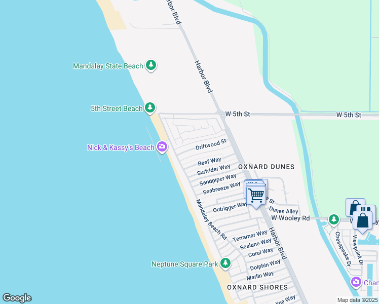 map of restaurants, bars, coffee shops, grocery stores, and more near 5444 Driftwood Street in Oxnard