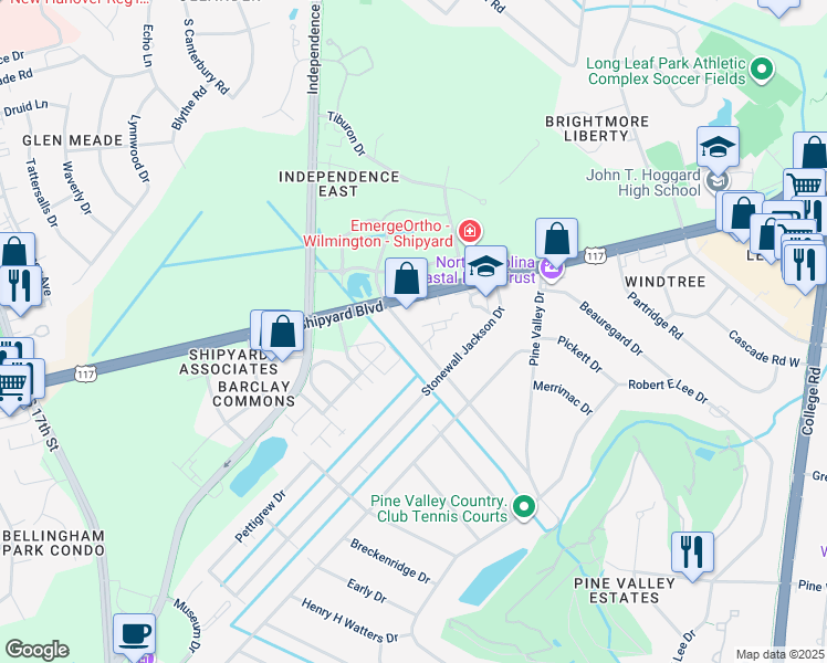 map of restaurants, bars, coffee shops, grocery stores, and more near 147 Longstreet Drive in Wilmington
