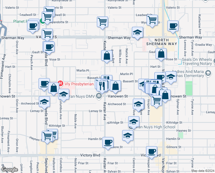 map of restaurants, bars, coffee shops, grocery stores, and more near 6840 Kester Avenue in Los Angeles