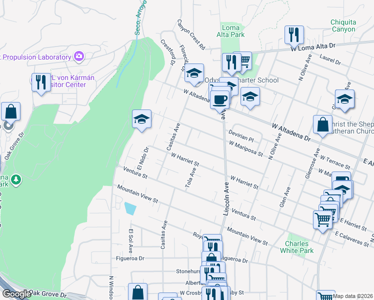 map of restaurants, bars, coffee shops, grocery stores, and more near 672 West Mendocino Street in Altadena