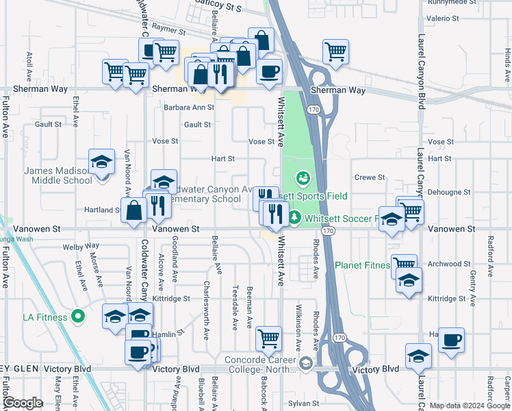 map of restaurants, bars, coffee shops, grocery stores, and more near 12543 Hartland Street in Los Angeles