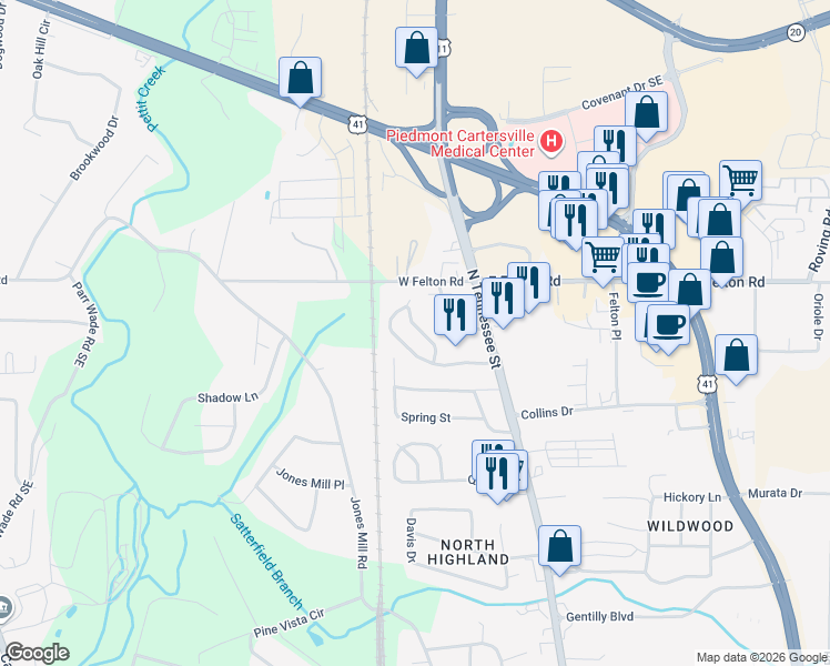 map of restaurants, bars, coffee shops, grocery stores, and more near 28 Pointe Way in Cartersville