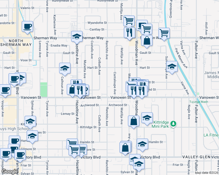 map of restaurants, bars, coffee shops, grocery stores, and more near 6842 Ranchito Avenue in Los Angeles